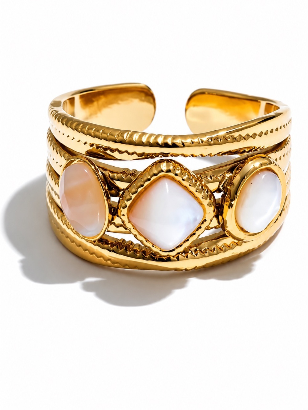 Vintage Gold tone Ring with White Mother-of-Pearl Cabochons